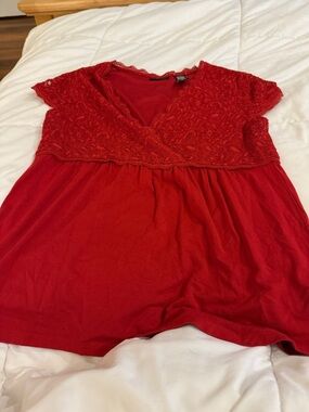 New York & Company Red Lace Bodice V-Neck Tunic